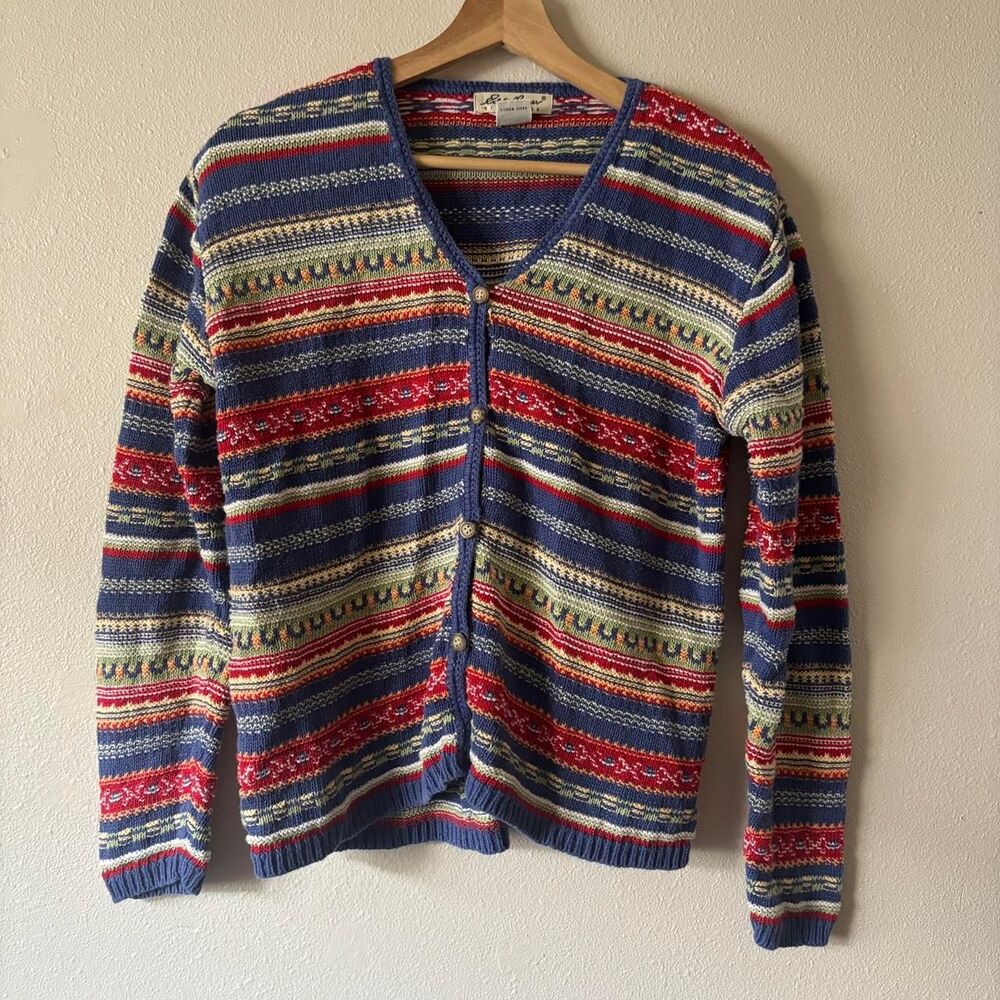 Vintage Eddie Bauer Colorful Stripe Linen Blend Cardigan Sweater Size Small